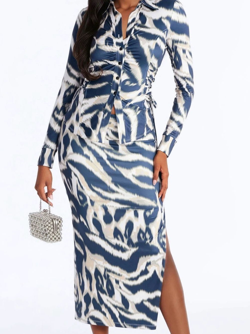 Women's Blue and Cream Printed Midi shirt and skirt set Stylish Everyday Wear
